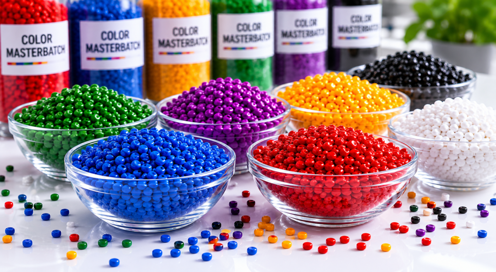 Bright coloured plastic pellets in bowls